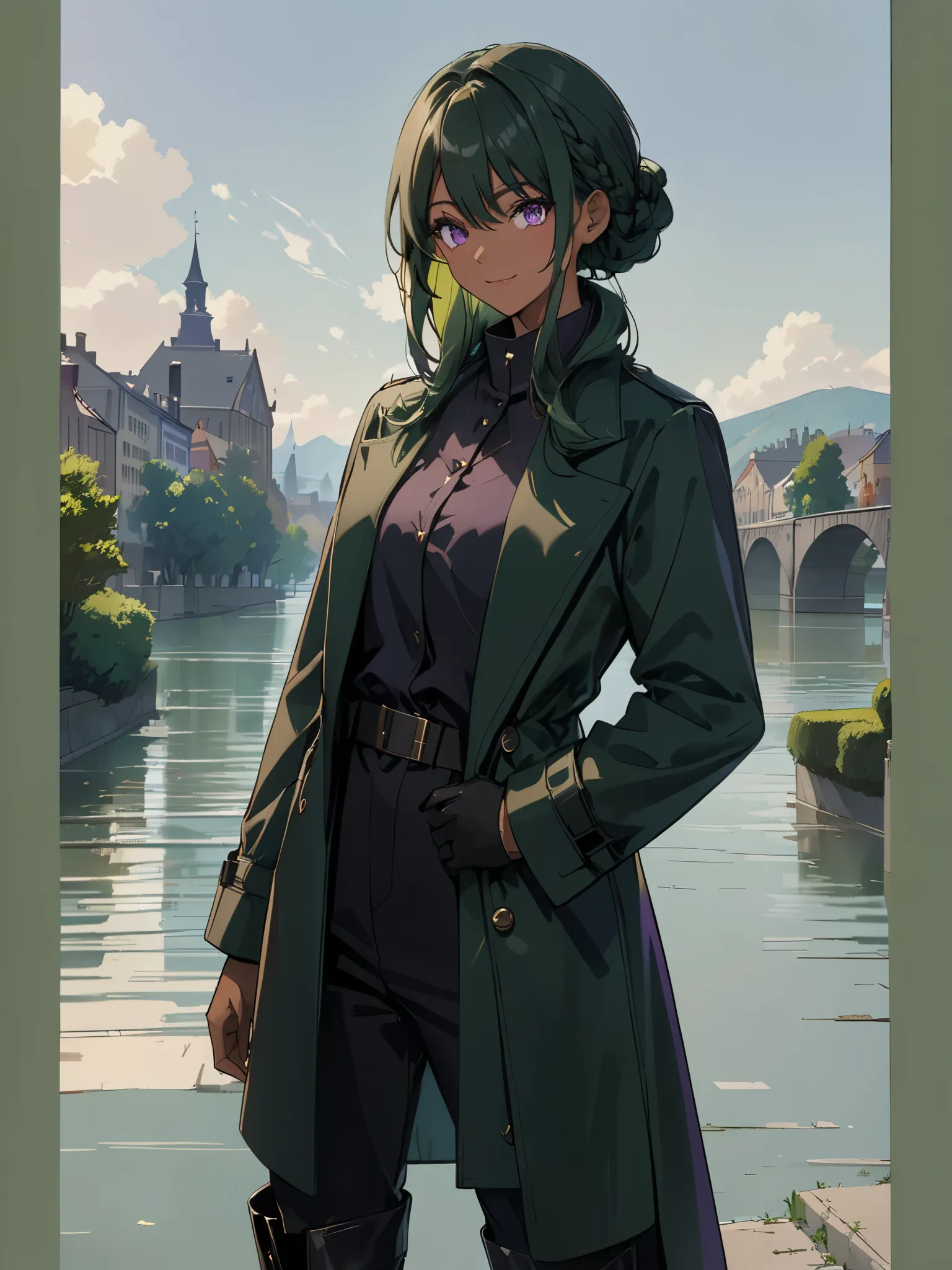 (UHD, super detail, best quality), solo, anime style, woman, tall of a woman, dark green hair、french braid、(((purple eyes)))、Delicate depiction of eyes, slant eyes, sharp look, keen eyes, sharp eyes, (((black long coat)))、black shirt、Black skinny pants、bla...