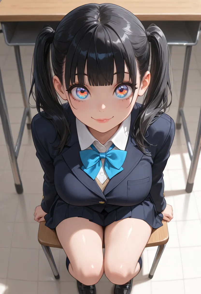 high angle, looking up, POV, 1girl, shiny black hair, twintail, blunt bangs, small face, big eyes, clearly multiple colors eyes, full lips, endearing smile, school uniform, middle breasts, loafers, shitting chair, masterpiece, highness, best quality, detai...