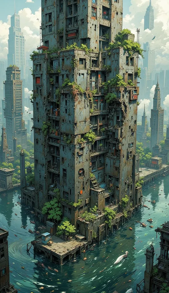 Cyberpunk,the ruins of a skyscraper protrude above sea level only at the top,Submerged Ruins,concrete ruins sinking into the sea,seawater erodes,crack,Pre-war buildings,Waterweed