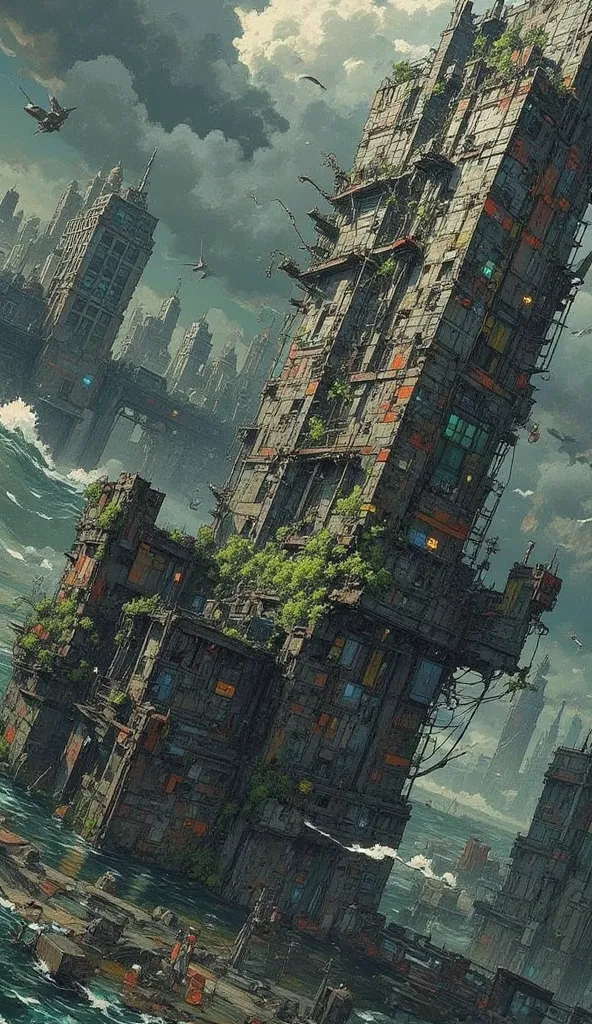 Cyberpunk,the ruins of a skyscraper protrude above sea level only at the top,Submerged Ruins,concrete ruins sinking into the sea,seawater erodes,crack,Pre-war buildings,Waterweed