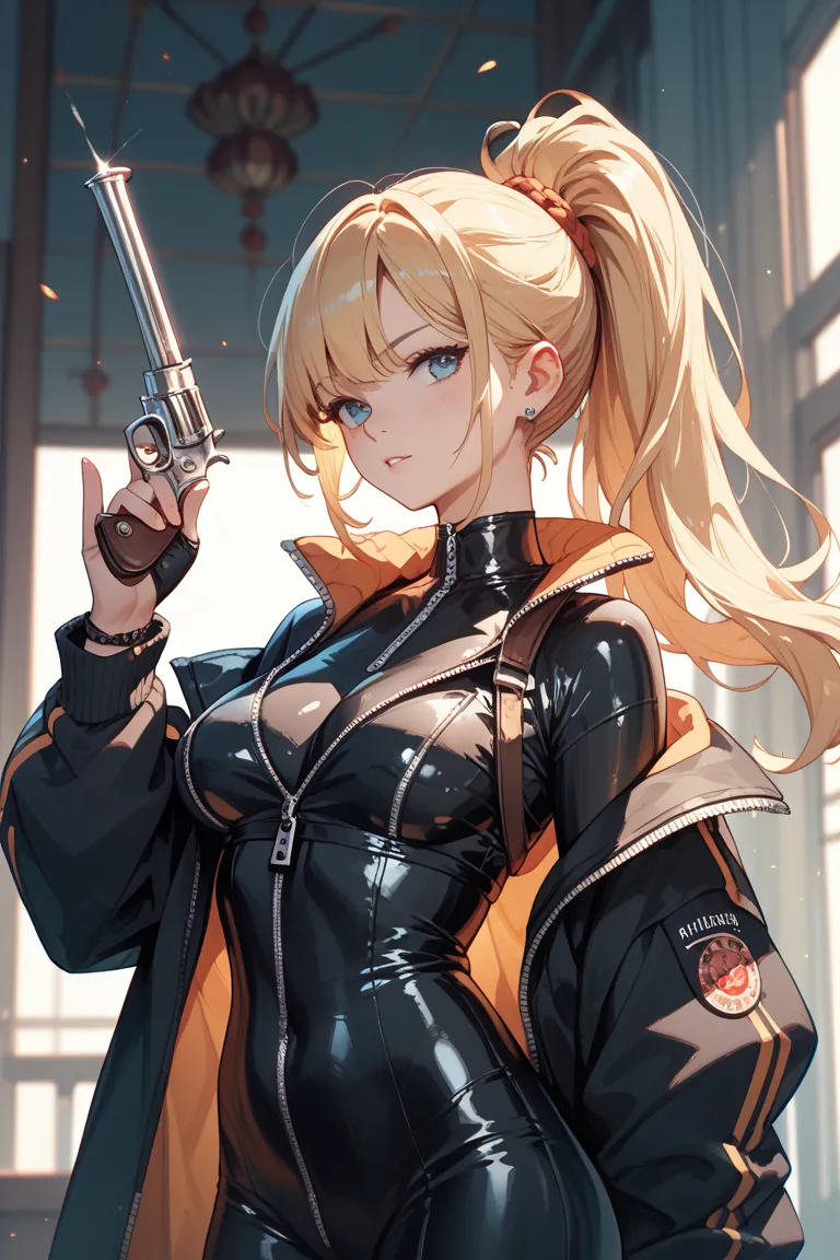 One Japanese girl, blonde ponytail hair, wearing black catsuit, zipper is down to the bottom of the belly button, standing, holds a revolver in her right hand, breasts are visible