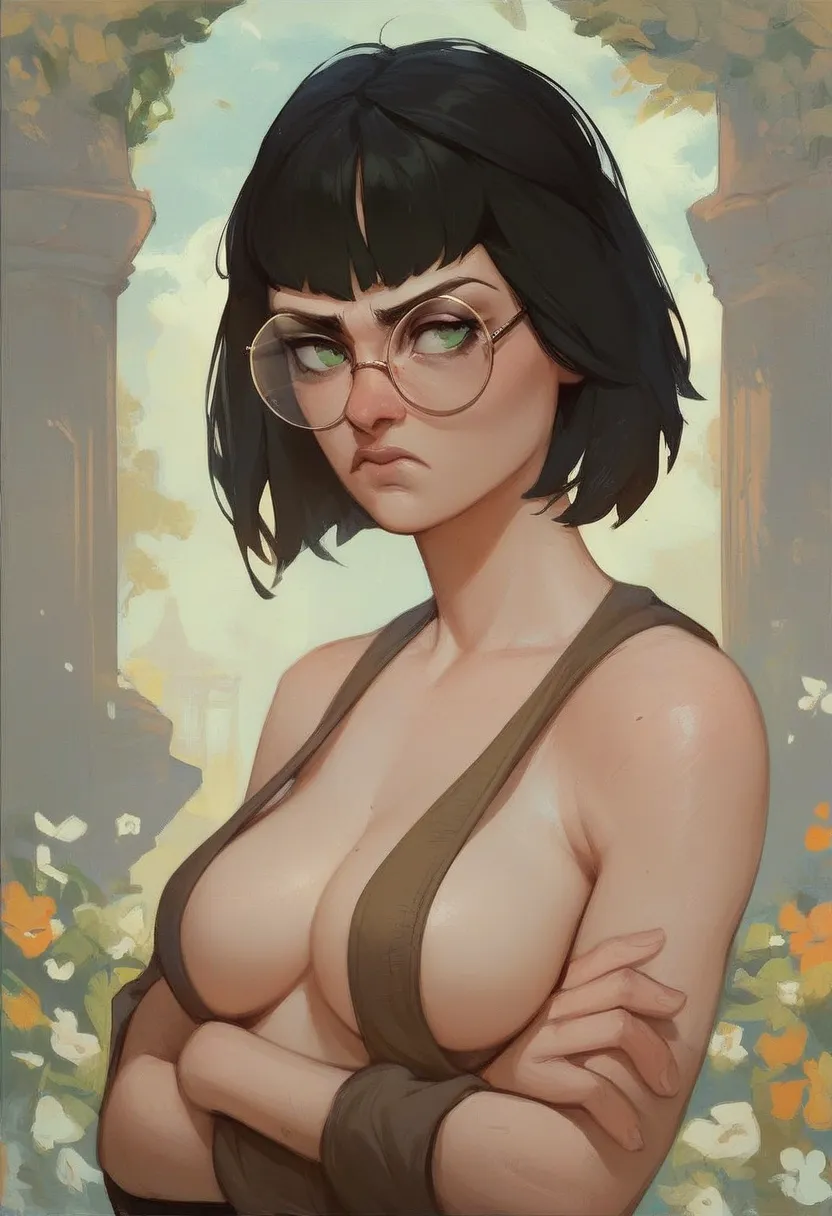 1 female, small , green eyes, pouting, temple braids, black hair, glaring, brown medieval hippie clothes, exposed cleavage, arms crossed propping up breast, hourglass figure, short bob cut, curvy, round rim glasses, Apothecary robe, sling bag of herbs and ...