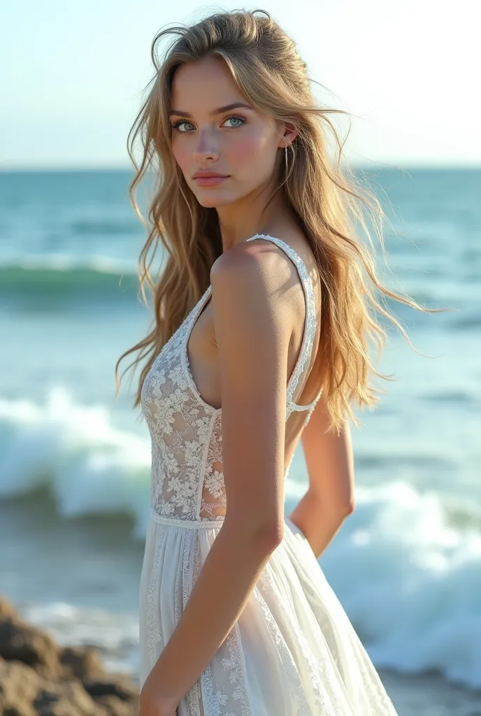 Young woman with white lace dress on. Straps over shoulders and deep cut in front down to waist. Blue eyes. Hair is blowing in the wind. She is standing in front of the ocean. Photo realism 