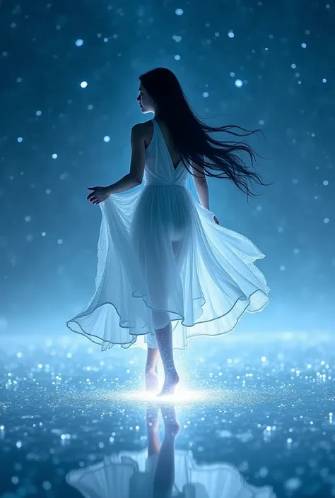 A beautiful young woman with long black hair with eyes as black as night, almost pale skin dancing in the middle of a crystalline side at night and a small glow on her feet.