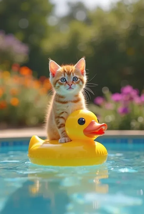 Cinematic image 8k , realistic quality. A miniature cat, fofíssimo, with an orange coat and a burst, is standing, looking directly at the camera, inside a shallow pool of crystal clear water. It is atop an inflatable duck toy,  with a curious and happy exp...