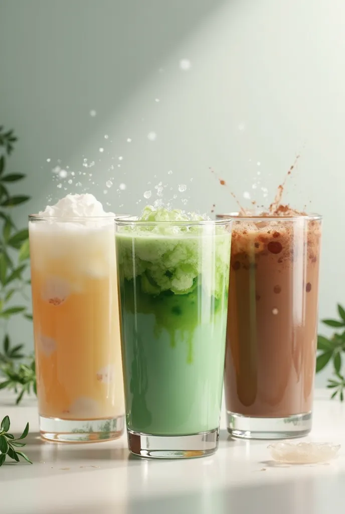 cup of milk tea and cup of matcha and cup of milk chocolate, all of the drinks are cold