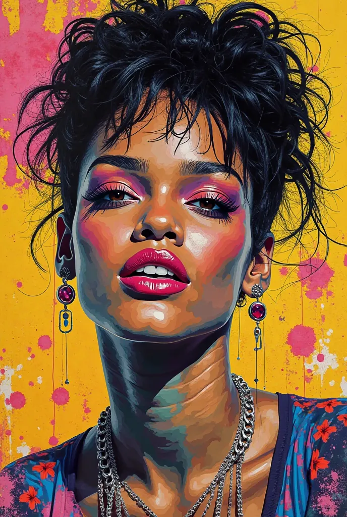 Create me a final peice for art of rihanna using david hockneys style of cut up images in a collage and bright colours and also the themes of identity and empowerment and incorporate some themes of madeline riisfeltd and banksy and polina bright 