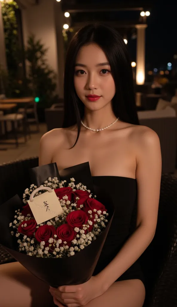 A stunning young woman with long, sleek black hair and a confident yet soft expression sits in an elegant nighttime setting. She wears a black, form-fitting outfit, accentuating her graceful posture. In her hands, she holds a luxurious bouquet of red roses...