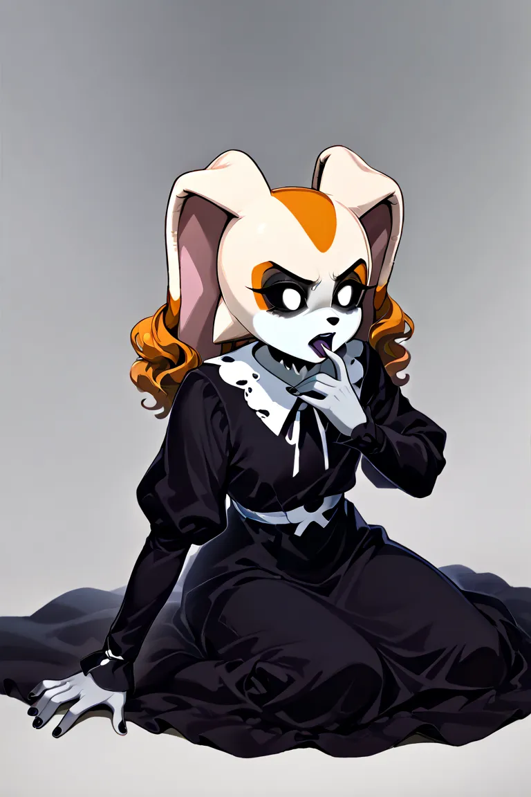 Cream the rabbit zombie, pale skin, grayish skin, very short wavy hair, hazel hair, shiny black nails, white eyes,  Simple background ,  sitting, hand on tongue, sticking out their tongues,  black lips, opaque colors, Cream the rabbit, shiny black dress,  ...