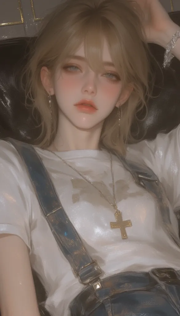 alone, High Resolution, masterpiece, shortcut, blonde hair、 gold、    bangs between eyes    ,  Half Up Hairstyles,  Young people々々々、beautiful、Young people々々々、Neutral Blue Eye, textured skin, t-shirt、bracelet、earrings、squint、necklaces、ring、 long bangs、expres...