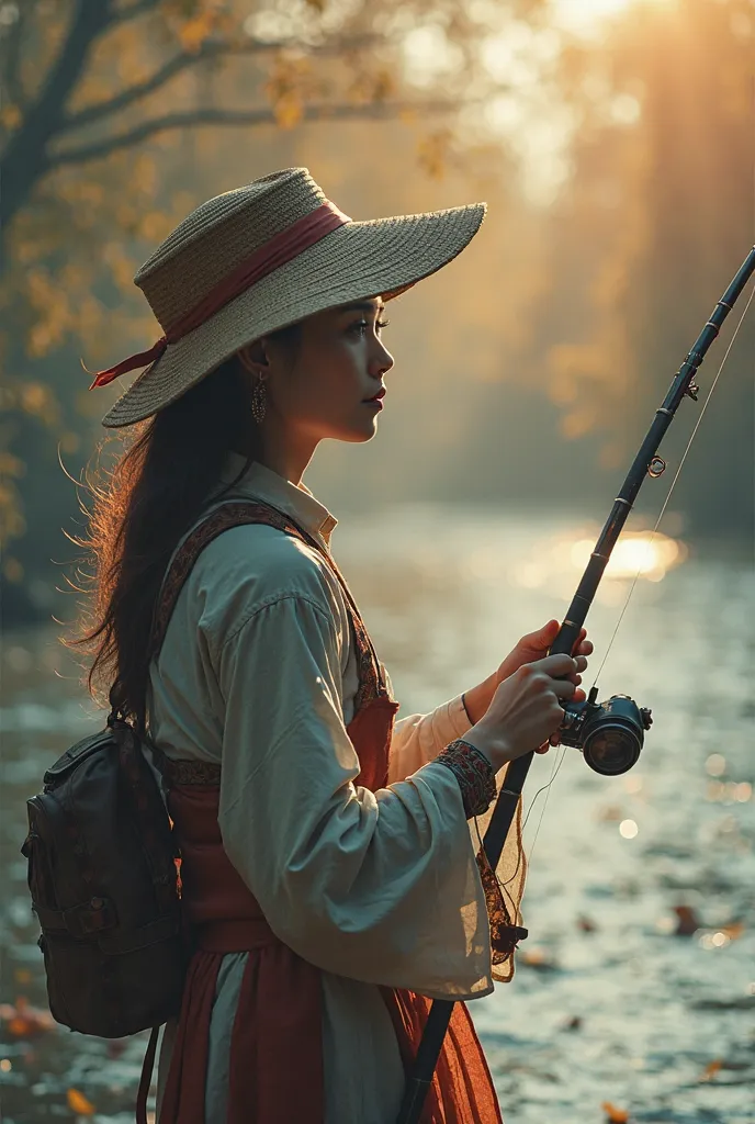 araffe woman holding a fishing rod and a go fishing,  photo by Bernardino Mei , shutterstock, realism, Shot on Canon EOS R5, shot on Canon EOS R 5, xintong chen, product introduction photo, magical fishing rod weapon, taken with a canon eos r 6 camera, jin...