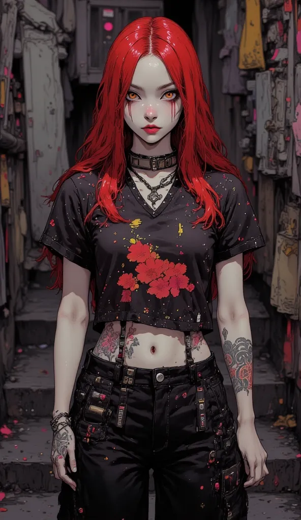 Perfect face，woman，25 years old，vampire，Wicked Eye，tattoo，Golden Eyes，arrogant，Shiny Red Hair，Nail polish，Work Clothes，Overlooking，Walk，dream， lightning method ， HD ，High Detail，32k Split Rate，Movie Rendering，High Definition HD,，panoramic，From top to botto...