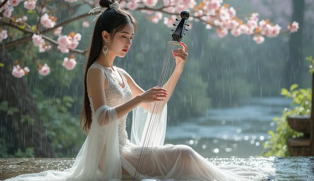 A stunning 18-year-old woman exudes confidence and allure in a form-fitting white traditional Chinese dress, its translucent layers revealing subtle hints of her silhouette. The dress is intricately embroidered with delicate silver patterns, shimmering lik...