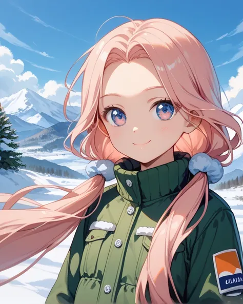 best quality,,1 young woman,,standard body,Very short stature,(light pink hair:1.2),(Absurdly Long Hair:1.2),lower twintails,forehead,big eyes,playful smile,flat chest,,,blue Scrunchies,,Paraglider, orange paraglider, green jersey, snowy Mount Fuji, winter...