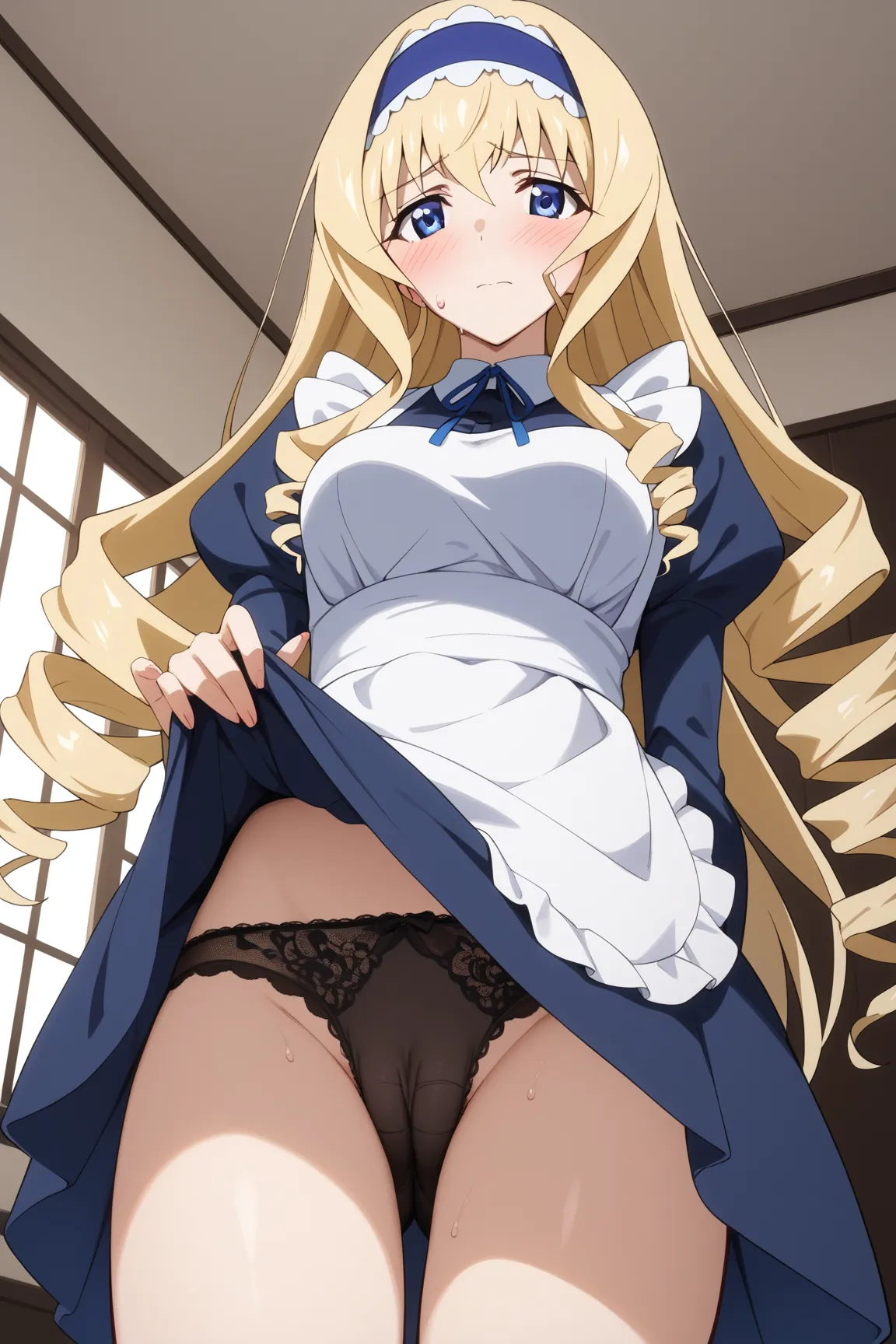 masterpiece,best quality,{{detailed beautiful face and eyes}}, very detailed background,
Cecilia Alcott,{{{megami magazine}}},long hair,blonde hair,drill hair,hairband,blue hairband,blue eyes,medium breasts,
((maid)),skirt lift,
1girl,black lace panty shot...