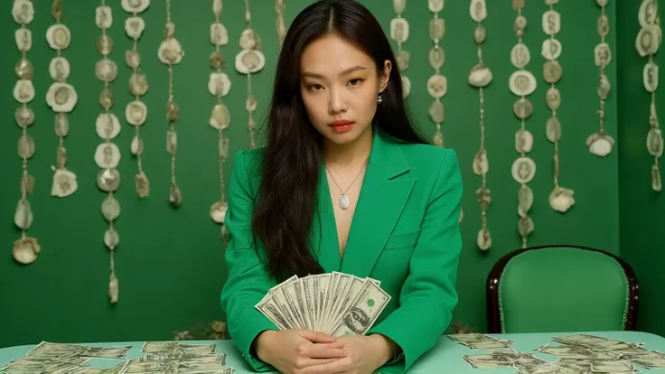 Beautiful full Jennie wearing a green squid game outfit, sitting on a table, holding a lot of cash, dollar everywhere, full body view,