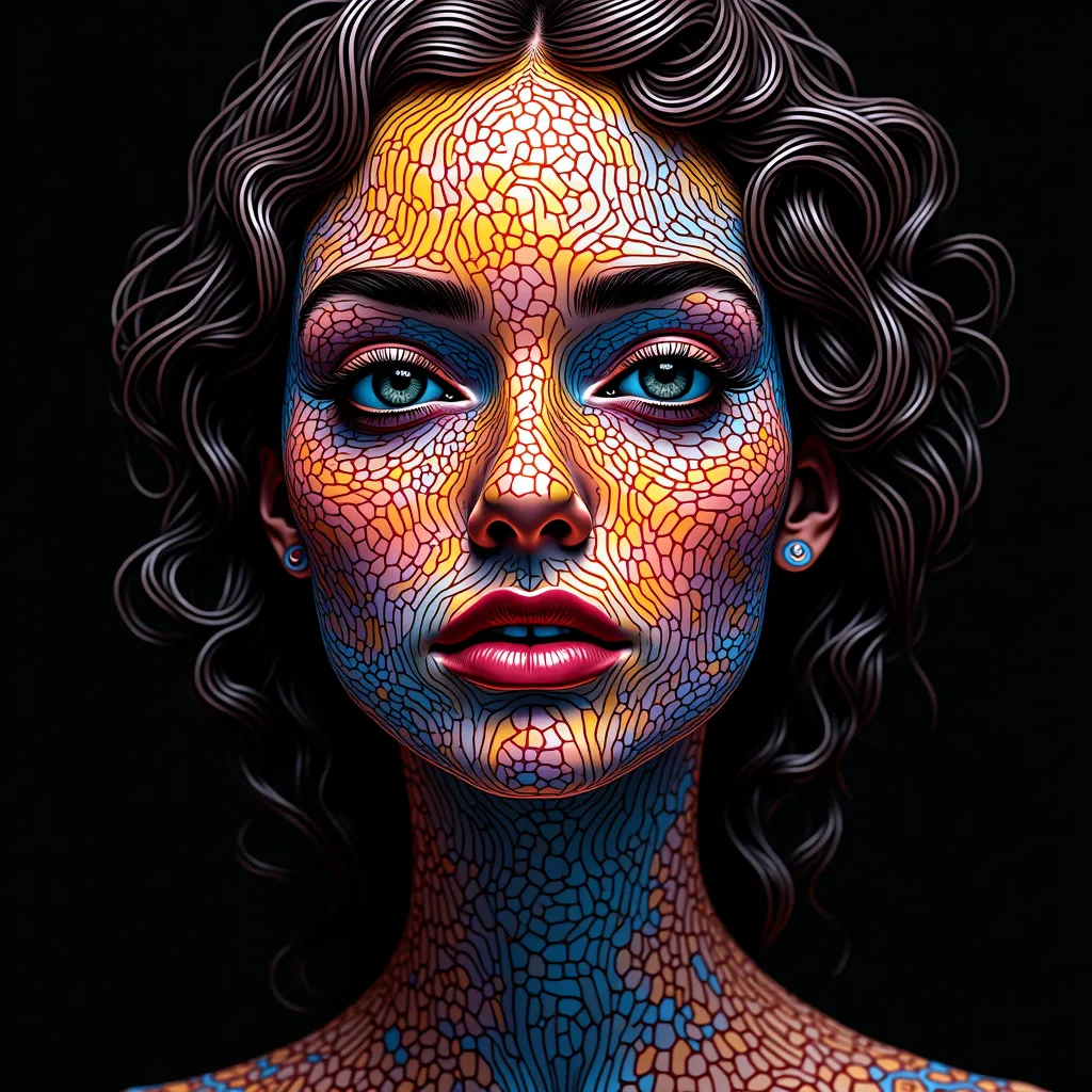 frontal beautiful woman portrait ▪ intricate line-based composition ▪ geometric patterns, spirograph curves, zentangle textures ▪ dynamic flow of converging and diverging lines ▪ vibrant color gradients ▪ optical illusions, layered depth, rhythmic movement...