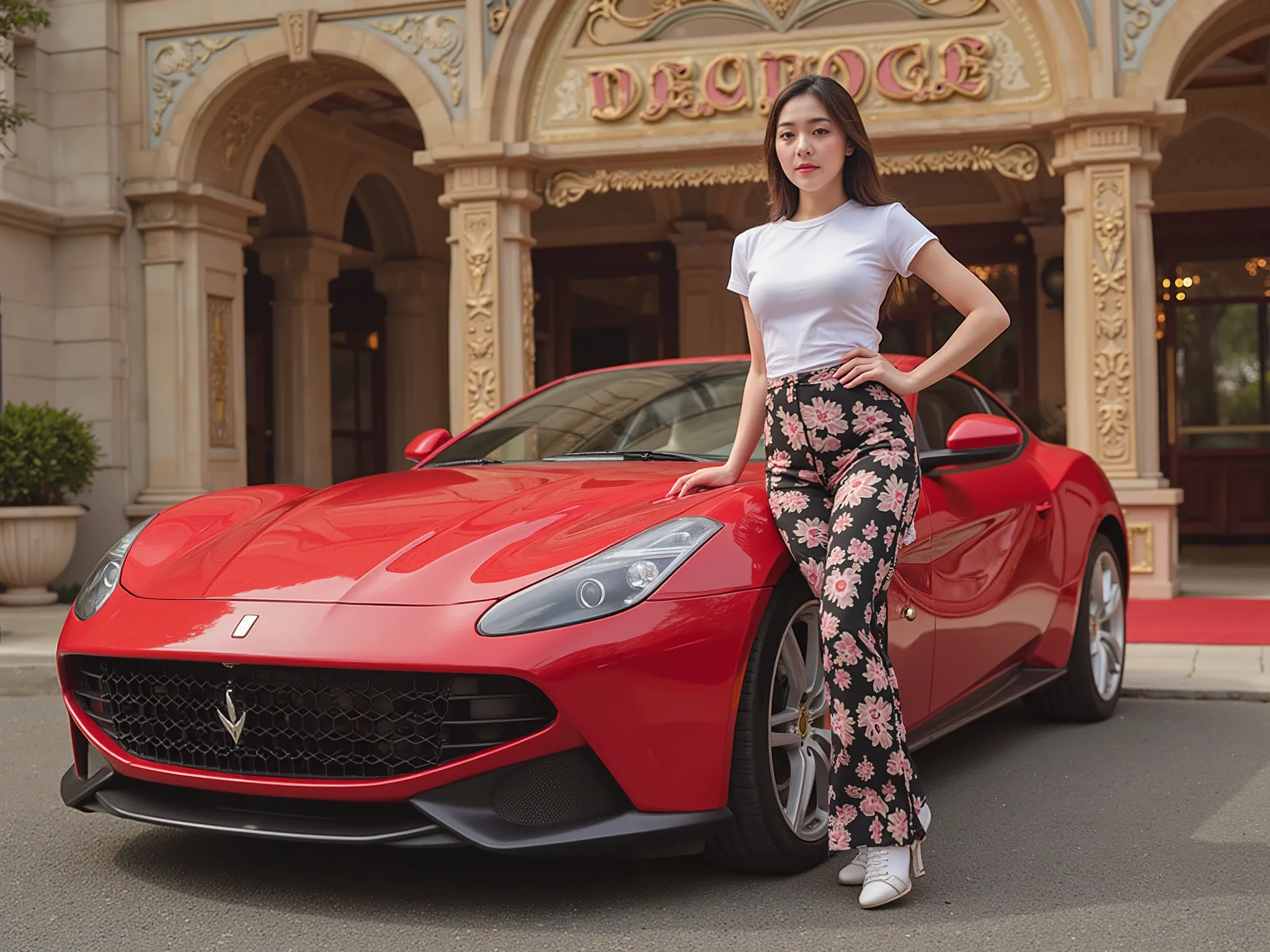 has a red car, one . rich girl standing next to the car. . A girl named Lia . The car brand is KH18 .Park in front of the casino