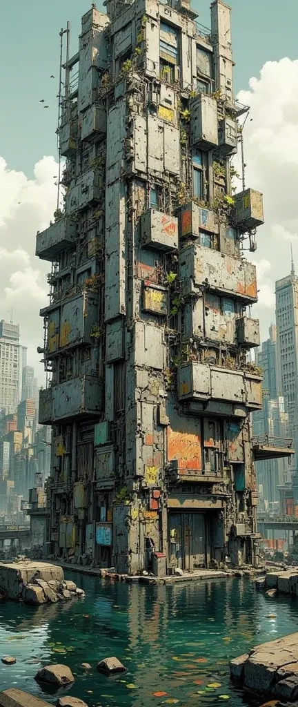 Cyberpunk,the ruins of a skyscraper protrude above sea level only at the top,Submerged Ruins,concrete ruins sinking into the sea,seawater erodes,crack,Pre-war buildings,Waterweed