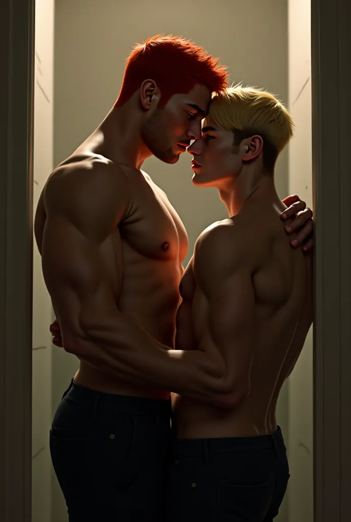 Draw two males holding each other infront of a mirror. The guy in the front is 6'8 and has red hair, while the guy at the back has blond hair and is 7'0