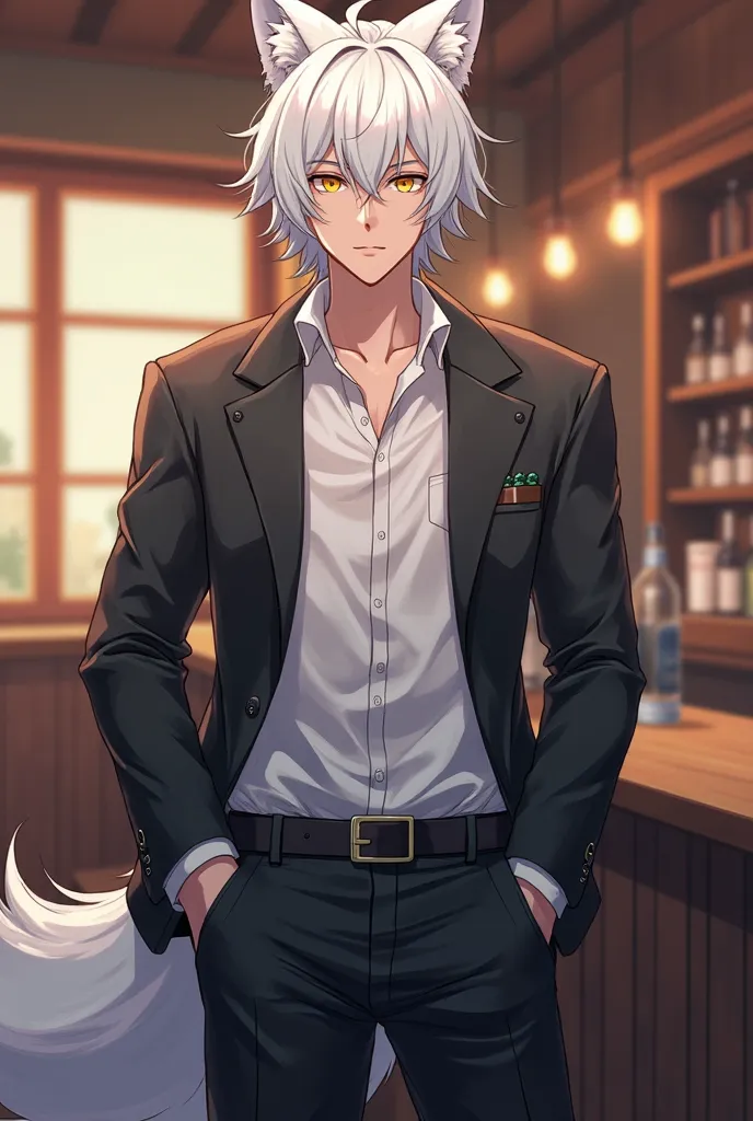 Anime style, upper body, Adult man with white fox ears, white fox tail, shoulder length white hair, above average build, yellow eyes, white shirt, black jacket, black pants, well lit bar setting