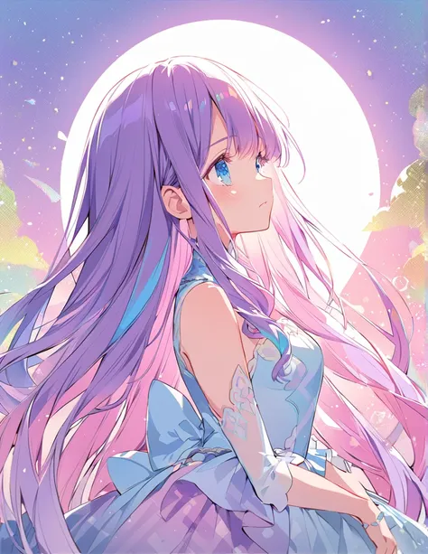  sad ,  Pastel blue eyes、pastel purple hair、The luster of the hair is rainbow , long hair,  in a princess dress, Side boob is exposed 　Screentone processing　 Looking up at the moon 　Shaded painting style　　 Clear Description 
