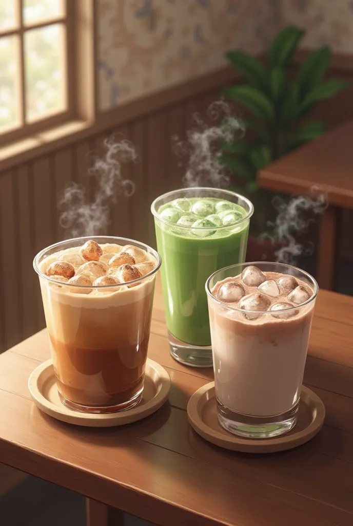 cup of milk tea and cup of matcha and cup of milk chocolate, all the drinks have ice. make it realistic the background is in the cafe