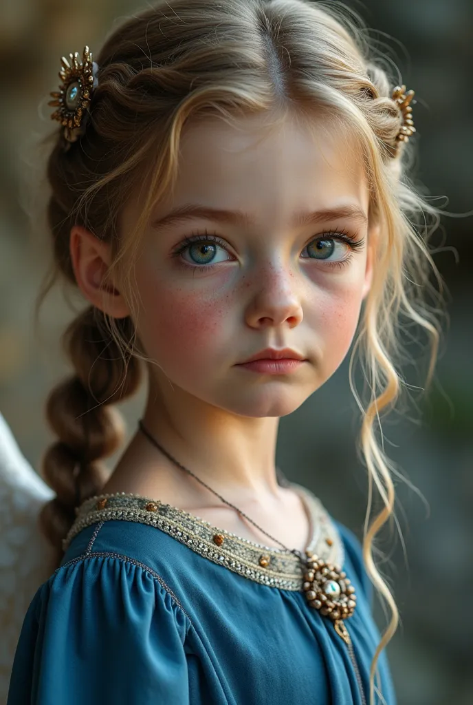 Detail the image of a age girl with an angelic face, white, light brown hair, large with a hairstyle and a deep look with almond oils. This girl wears a blue dress from the Norse era and carries the magic of fire, Of strength and sorcery.