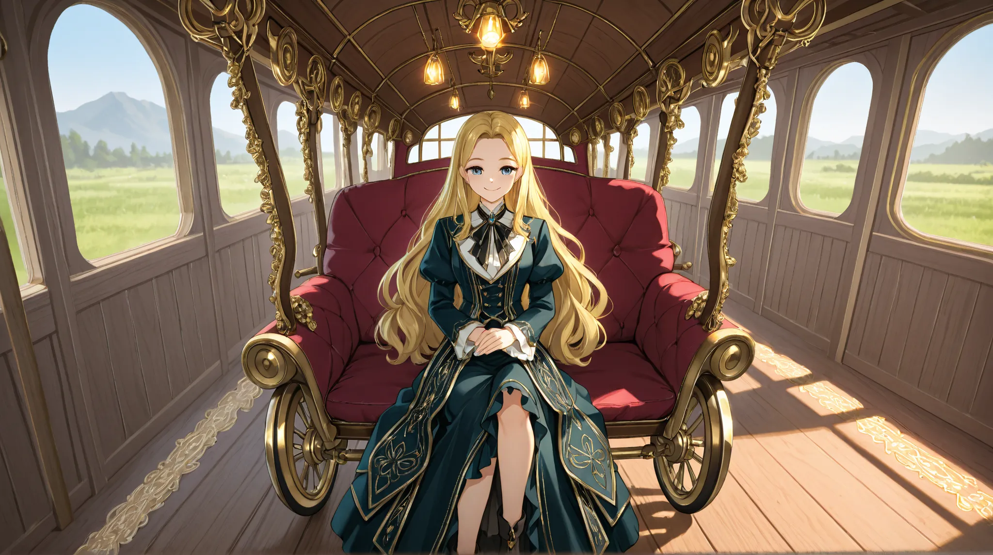 Inside a luxurious six-seater carriage, a slender 15-year-old anime-style girl with golden blonde hair sits comfortably, smiling as she relaxes. Her delicate features are illuminated by the warm sunlight filtering through the windows, casting a soft glow o...