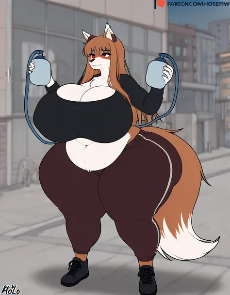 Holo Wolf Furry sexy hot woman, in the night City, (medium grow bigger growing up pumping up medium grow bigger growing up breasts)very long gigantic legs, (very wide gigantic hips) 