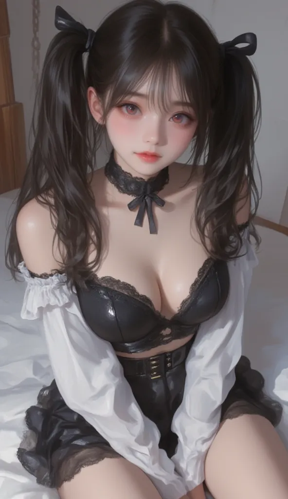  1 girl,  tie straight very long hair,  Twin Tails,       black hair, Bangs, garter belt、Red Eyes、  miniskirt、   thighs、 おteeth、mature、Chest for Men、   thighs、 ribbon、 frills,Big Breasts、handcuffs、 insisting on her armpits、teeth、とても大きなChest for Men、Detacha...