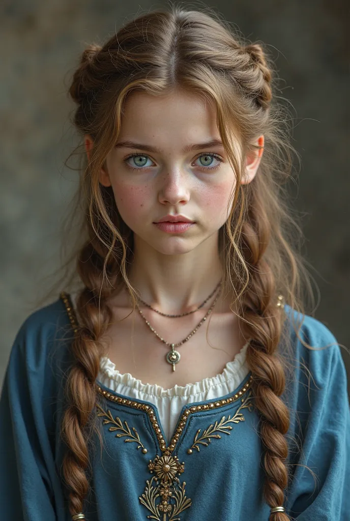 Detail the image of a young lady, white, light brown and large hair with a hairstyle and a deep look with brown oils. This girl wears a blue dress from the Norse era and carries the magic of fire, Of strength and sorcery.