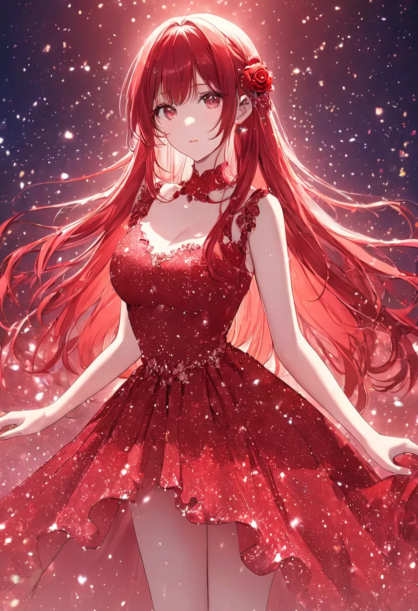 (masterpiece , top quality ,  exquisite,8k, absurd),( pastel ,anime),cowboy shot standing in a natural position, woman in red dress ,red hair,long hair, glowing background of salvation,sparkling rose,glitter effect