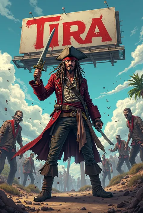 Jack Sparrow, anime style, holding a sword, zombie apocalype theme, visible big background TIRA logo billboard on top, big name KAPITAN JACK on the bottom of the picture