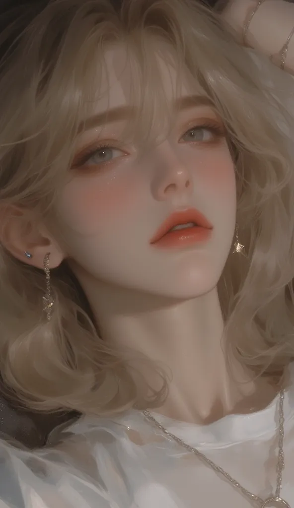 alone, High Resolution, masterpiece, shortcut, blonde hair、 gold、     bangs between eyes     ,  Half Up Hairstyles,  Young people々々々々、beautiful、Young people々々々々、Neutral Blue Eye, textured skin, t-shirt、bracelet、earrings、squint、necklaces、ring、 long bangs、ex...