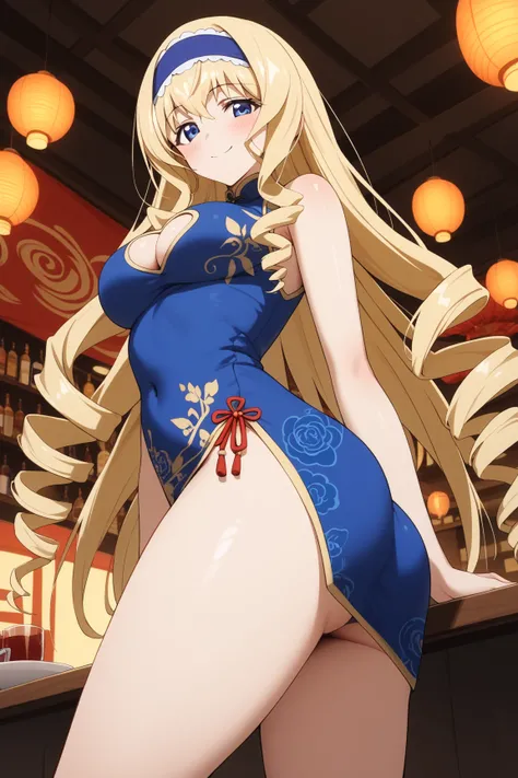 masterpiece,best quality,{{detailed beautiful face and eyes}}, very detailed background,
Cecilia Alcott,{{{megami magazine}}},long hair,blonde hair,drill hair,hairband,blue hairband,blue eyes,medium breasts,
((bare shoulders,blue china dress,blue chinese c...