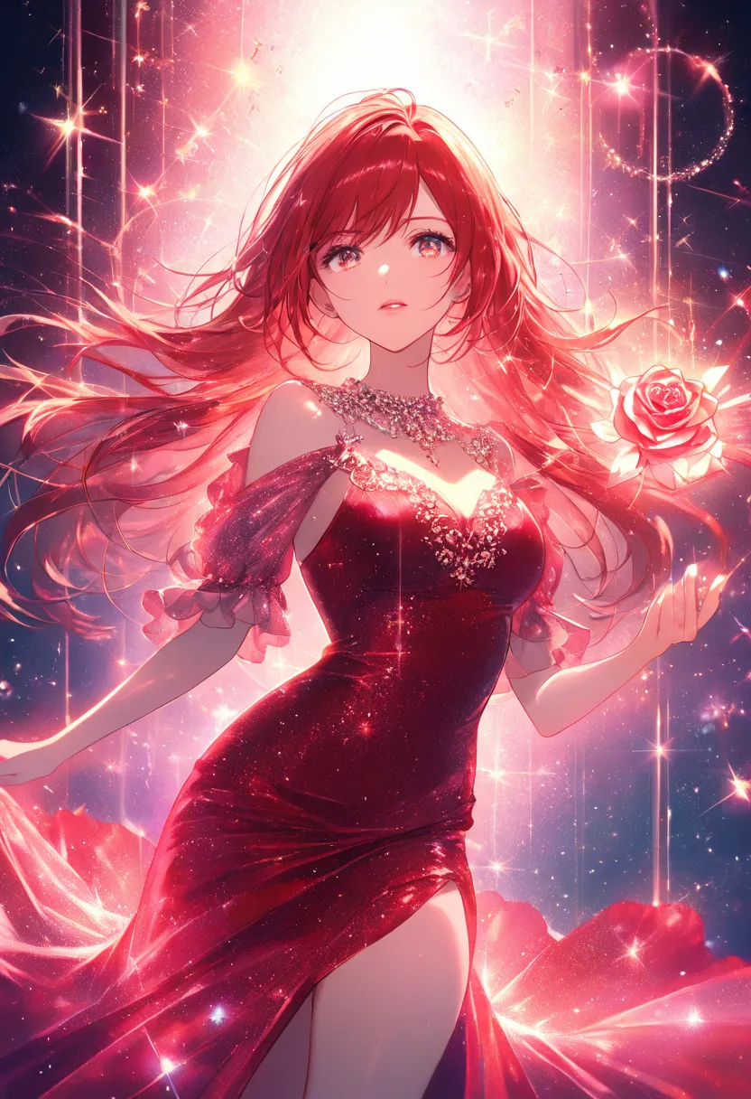 (masterpiece , top quality ,  exquisite,8k, absurd),( pastel ,anime),cowboy shot standing in a natural position, woman in red dress ,red hair,long hair, glowing background of salvation,sparkling rose,glitter effect