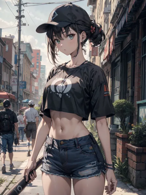 ideal ratio body proportions, perfect anatomy, correct body, earring, huge breasts, narrow waist, short hair, black hair, wavy hair, hair behind ear, half updo, looking at viewer, cowboy shot, outdoor, baseball cap, black T-shirt, crop top, shorts,