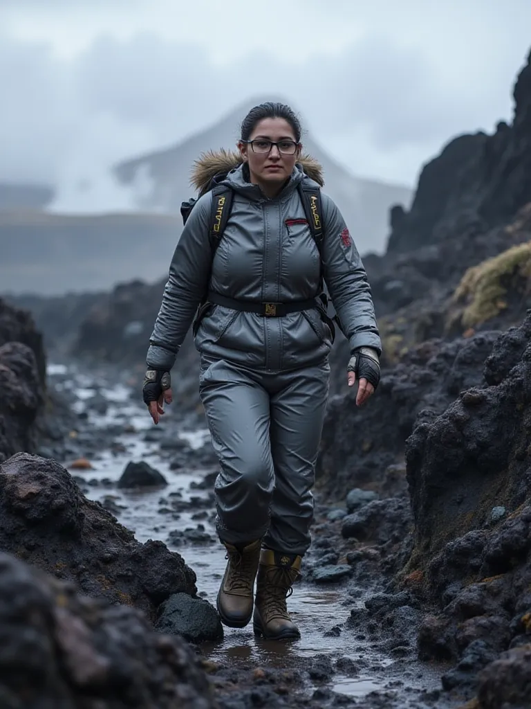 A 27 years old ,matured,american white woman with A medium sized chubby body,, ivory white round-shaped face.

She and her husband. She is hiking near an active volcano in Iceland, dressed in a waterproof grey trekking suit and boots. The dark volcanic roc...