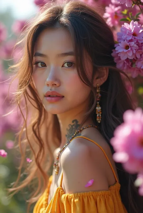 beautiful Asian girl, soft brown hair- gipsy hair style- full lips, deep brown eyes- with tattoo, wearing top and shorts skirts- yellowish boots- pink and purple flowers are blooming- flower petals are in the air- micro photography