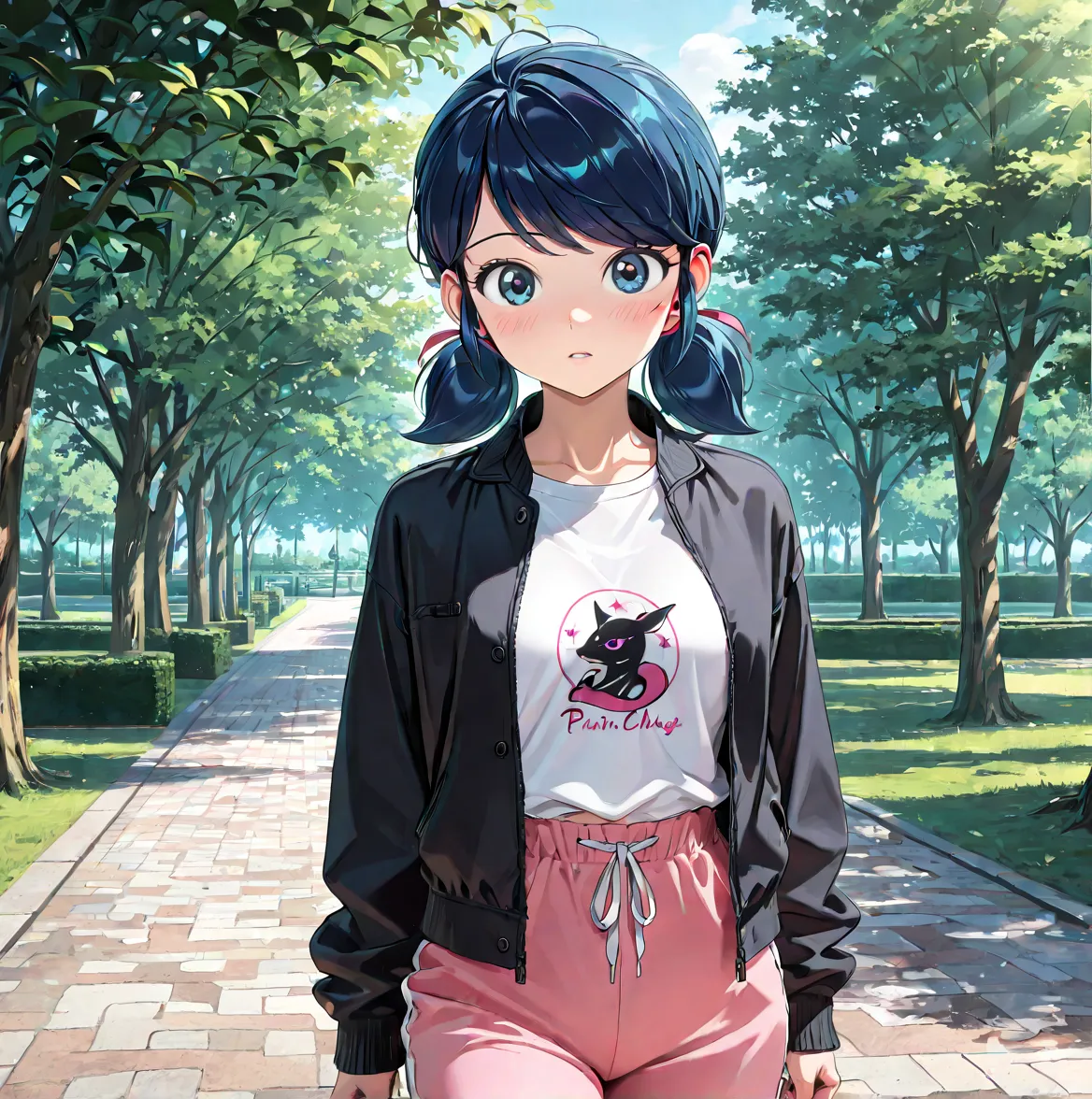 masterpiece, absurdres, amazing quality, best quality, 1girl, Marinette Dupain-Cheng, ((Marinette Dupain-Cheng)), short blue hair, blue eyes, average breasts, slender, black jacket, white t-shirt, plain pink trousers, standing, glancing at viewer curiously...