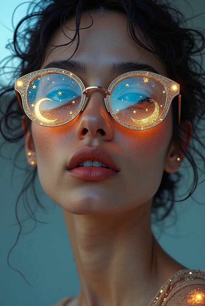 The model is wearing sunglasses with stars and the moon on the glass.