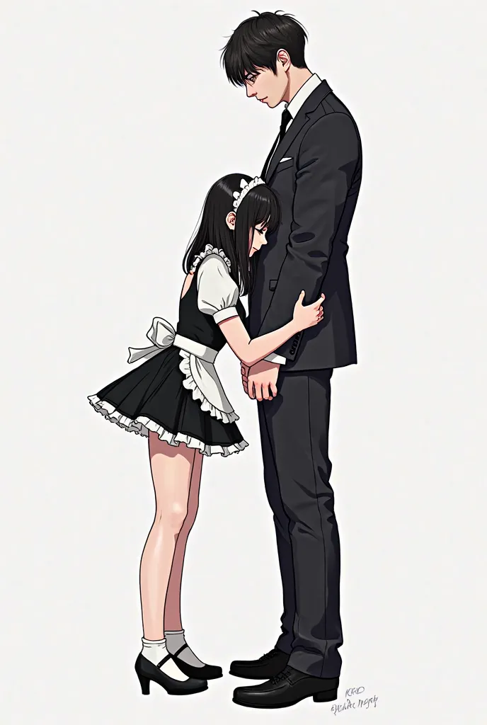 Draw a girl wearing a sexy and cute maid costume in short black and white colors.The girl has straight, black hair.There should also be Kim Taehyung. Kim Taehyung should look more authoritative, dominant and strong.The girl is bent over on the ground and o...