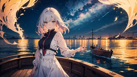 portrait、Ride in a wooden boat under the fantastic moonlight、Sexy and beautiful anime-style women。long pink hair that shines like silver thread、gracefully swaying in the cold night wind。Incorporate the vivid and precise art style popular in。 in the backgro...