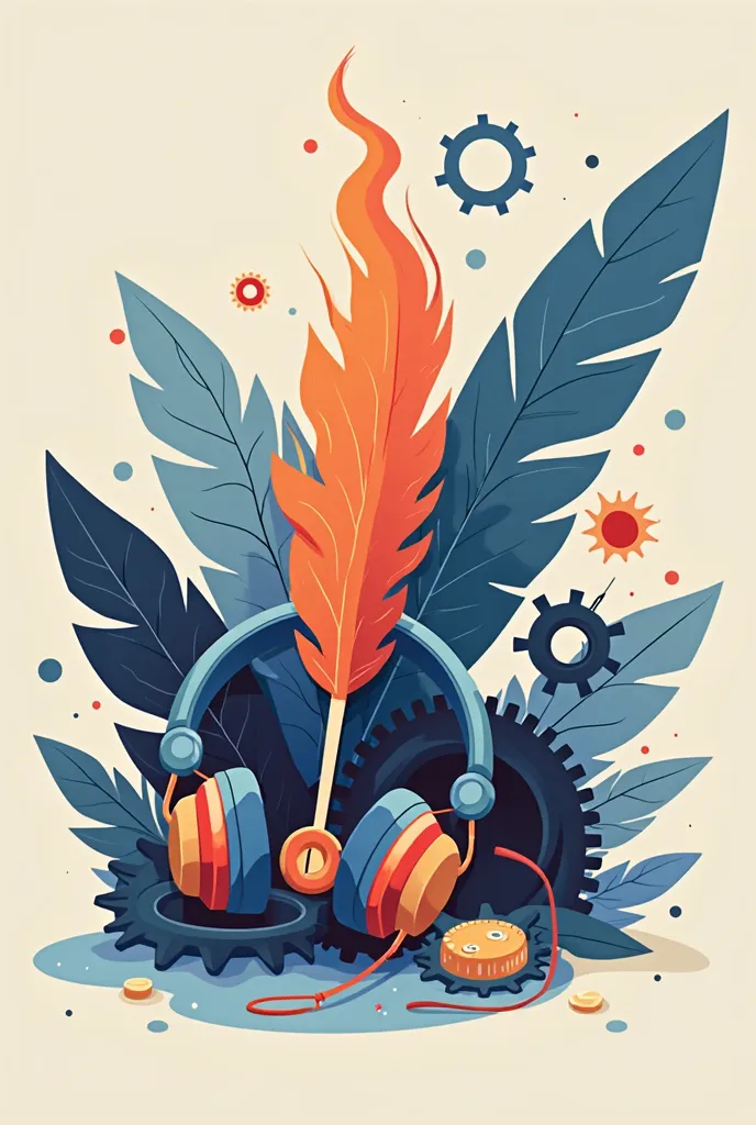 (High resolution: 1.5), gears, quill, headphones, flame,team emblem logo, 2d flat, centered