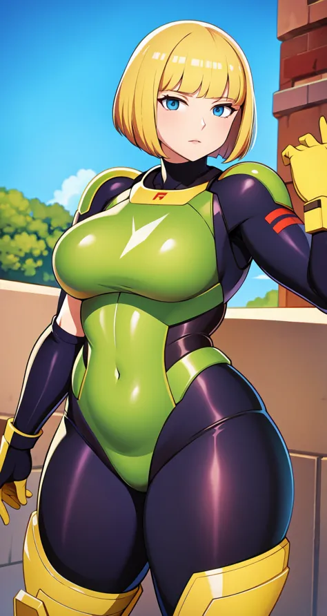 1Woman, thick thigh, battle suit, bob cut