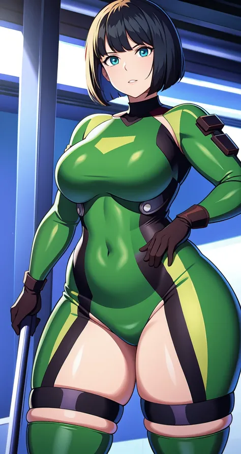 1Woman, thick thigh, battle suit, bob cut