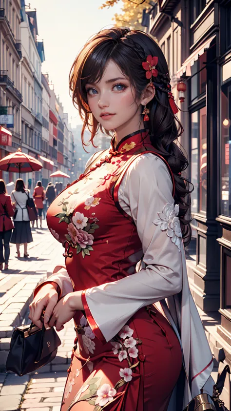 1 girl,upper body,Fashionable Girl,China Dress（Qipao（cheongsam））,Chinese clothing,hair flower,(masterpiece:1.4),(best quality:1.4),( Shiny Skin), red lips,viewers,big breasts,parted lips、 French Style Braids((french braid))、Cobblestones、pin heels、Champs-El...