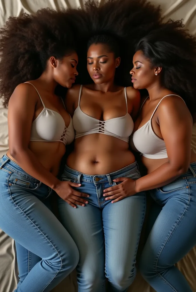 Three black beautiful thick and curvy women putting on jean pants and bra lying down side by side, the one at middle spreads her legs open and the other two touches her pussy