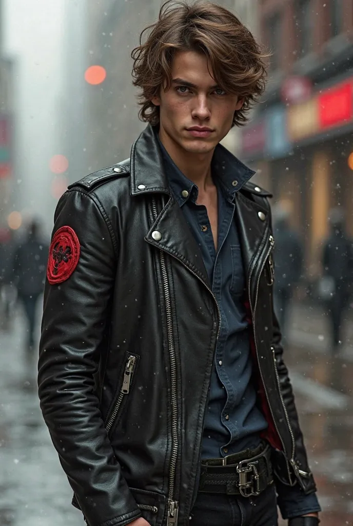 A 20-year-old young man with brown hair and a serious expression. He is wearing a black leather jacket with red accessories, such as patches or zippers. He has a pair of pistols holstered at his waist, ready for action. The background should be urban and s...